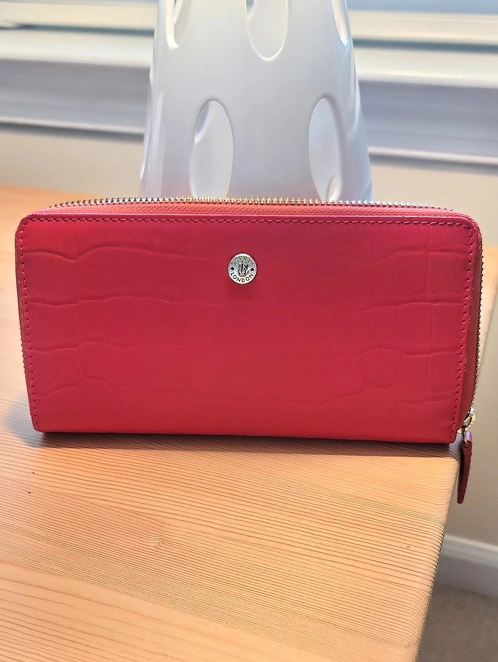 Osprey London Croc Embossed Leather Zip Around Wallet, Red, 7 1/2 X 4 Inches